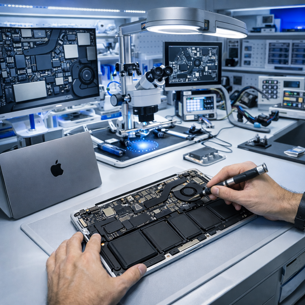 Técnico reparando placa base